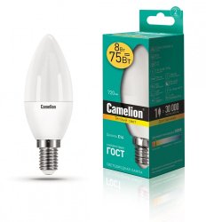 Светодиодная лампа E14 8W 3000К (теплый) C35 Camelion LED8-C35/830/E14 (12385)