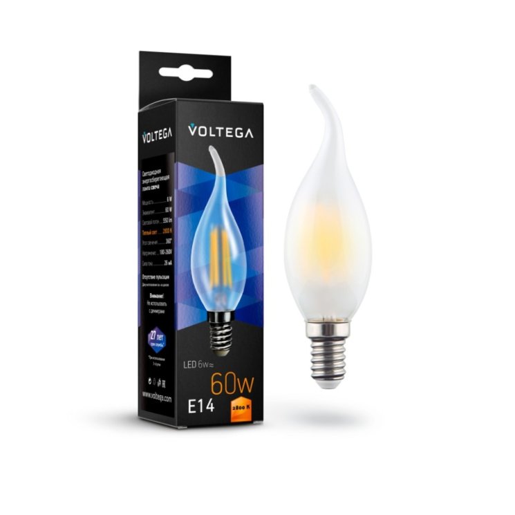 Филаментная светодиодная лампа E14 6W 2800К (теплый) Crystal Voltega 7025