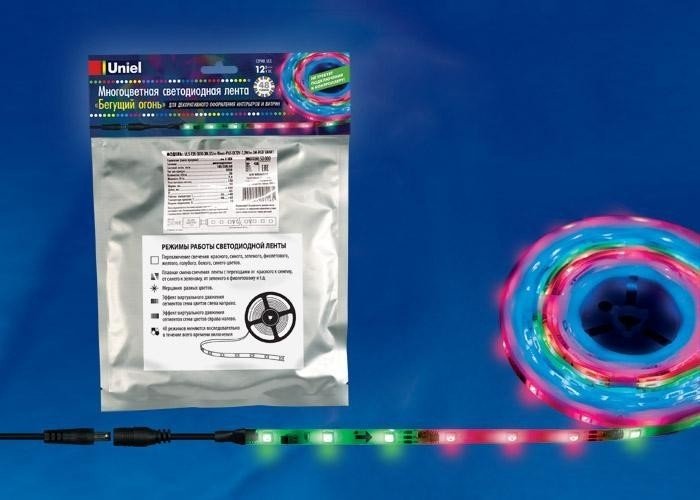 5м. Светодиодная лента RGB 5050, 7,2W, 12V, 30LED/m, IP65 Uniel ULS-F20-5050-30LED-m-10mm-IP65-DC12V-7.2W-m-5M-RGB - (UL-00001860)