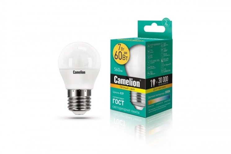 Светодиодная лампа E27 7W 3000 (теплый) G45 Camelion LED7-G45/830/E27 (12070)