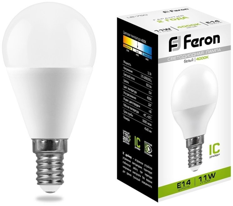 Светодиодная лампа E14 11W 4000K (белый) G45 Feron LB-750 (25947)