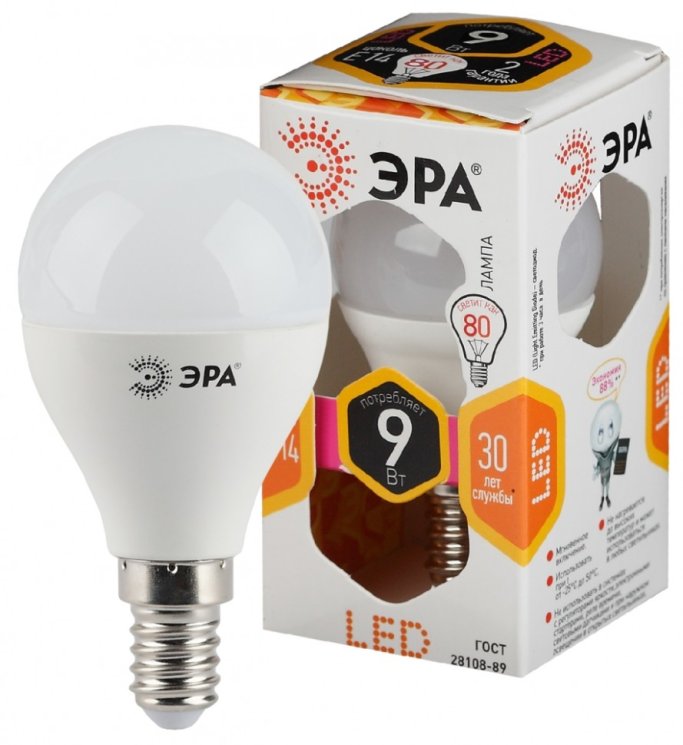 Лампа светодиодная ЭРА E14 9W 2700K матовая LED P45-9W-827-E14 Б0029041