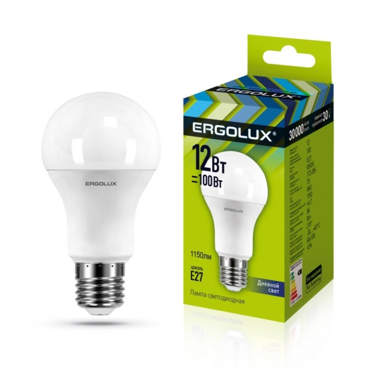 Набор из 10 шт, Светодиодная лампа E27 12W 6500K (холодный) Ergolux LED-A60-12W-E27-6K (12880)