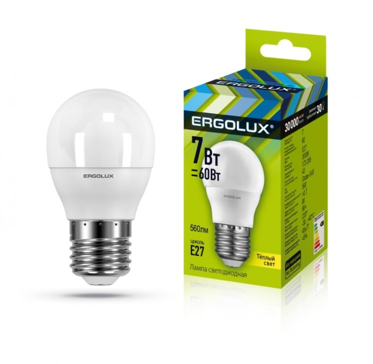 Набор из 10 шт, Светодиодная лампа E27 7W 3000K (теплый) Ergolux LED-G45-7W-E27-3K (12143)