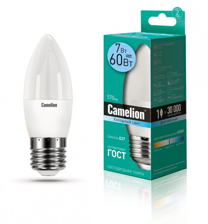 Светодиодная лампа E27 7W 4500К (белый) C35 Camelion LED7-C35/845/E27 (12078)