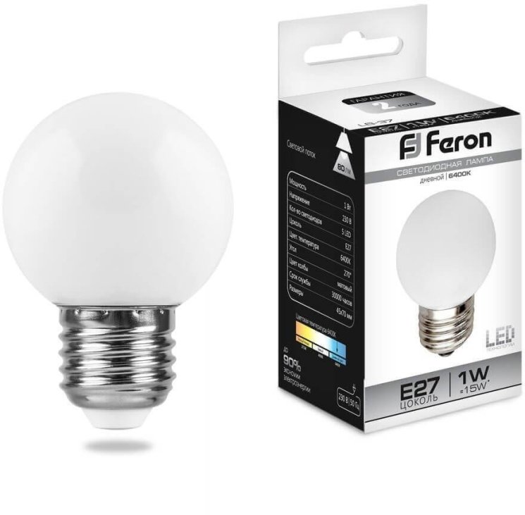 Светодиодная лампа E27 1W 6400K (холодный) G45 Feron LB-37 (25115)