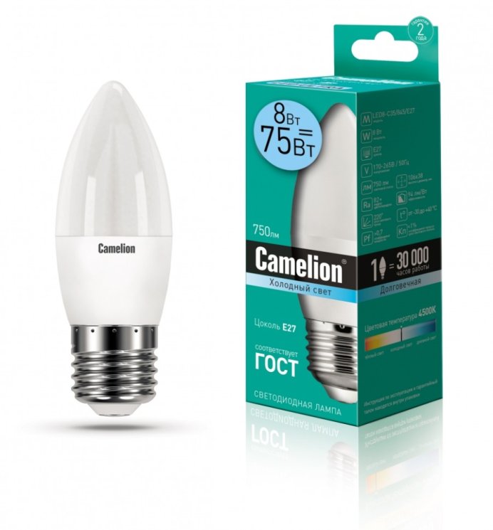 Светодиодная лампа E27 8W 4500К (белый) C35 Camelion LED8-C35/845/E27 (12390)