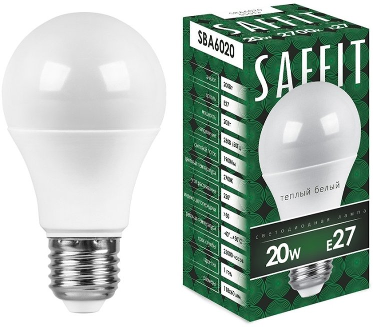 Лампа светодиодная SAFFIT SBA6020 Шар E27 20W 2700K 55013