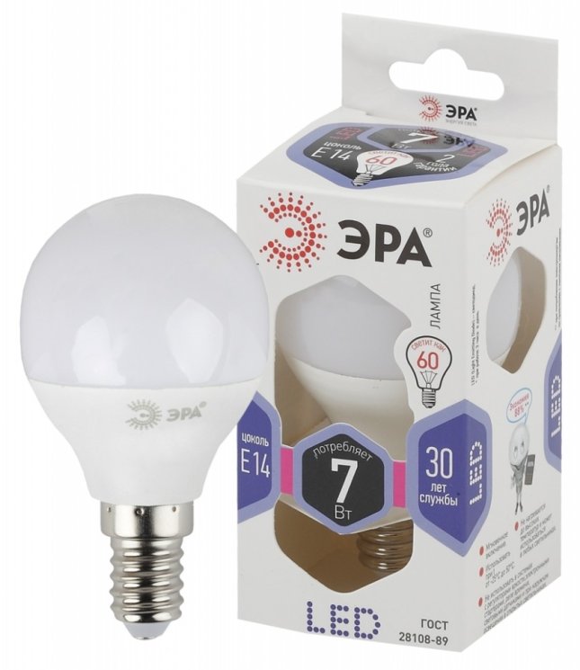 Лампа светодиодная ЭРА E14 7W 6000K матовая LED P45-7W-860-E14 Б0031401