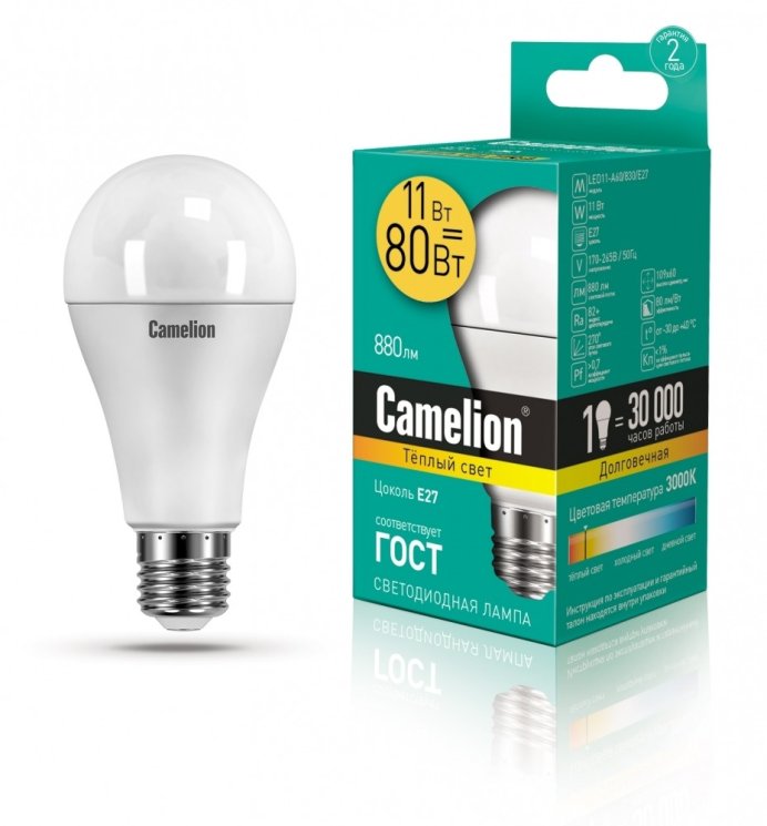 Светодиодная лампа E27 11W 3000К (теплый) A60 Camelion LED11-A60/830/E27 (12035)