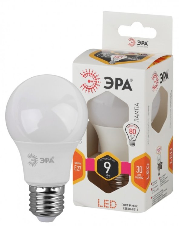 Светодиодная лампа E27 9W 2700К (теплый) Эра LED A60-9W-827-E27 (Б0032246)