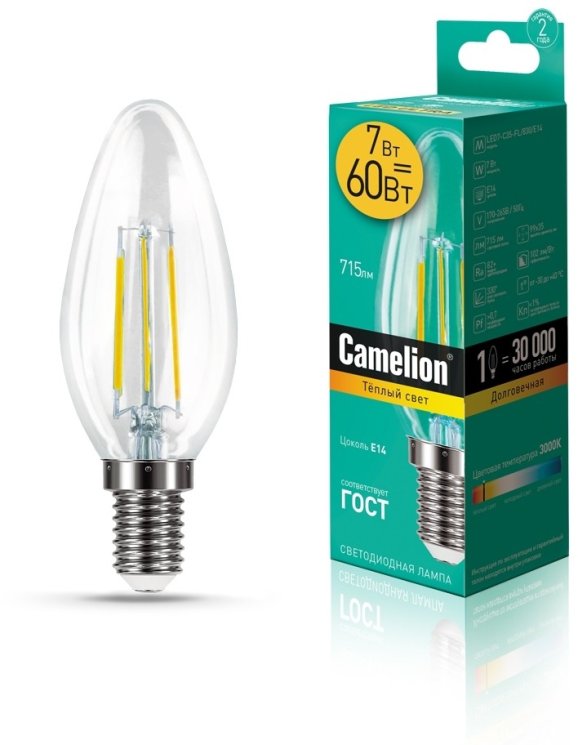 Светодиодная лампа E14 7W 3000К (теплый свет) Camelion LED7-C35-FL/830/E14 (13452)