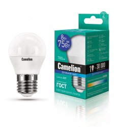 Светодиодная лампа E27 8W 6500К (холодный) G45 Camelion LED8-G45/865/E27 (13373)