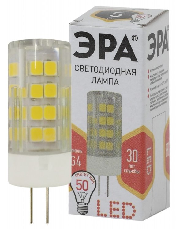 Светодиодная лампа G4 5W 2700К (теплый) Эра LED JC-5W-220V-CER-827-G4 (Б0027857)