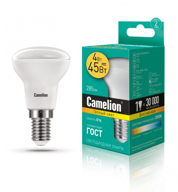 Светодиодная лампа E14 4W 3000К (теплый свет) Camelion LED4-R39/830/E14 (13353)