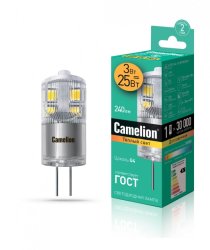 Светодиодная лампа G4 3W 3000K (теплый свет) Camelion LED3-G4-JD-NF/830/G4 (13862)