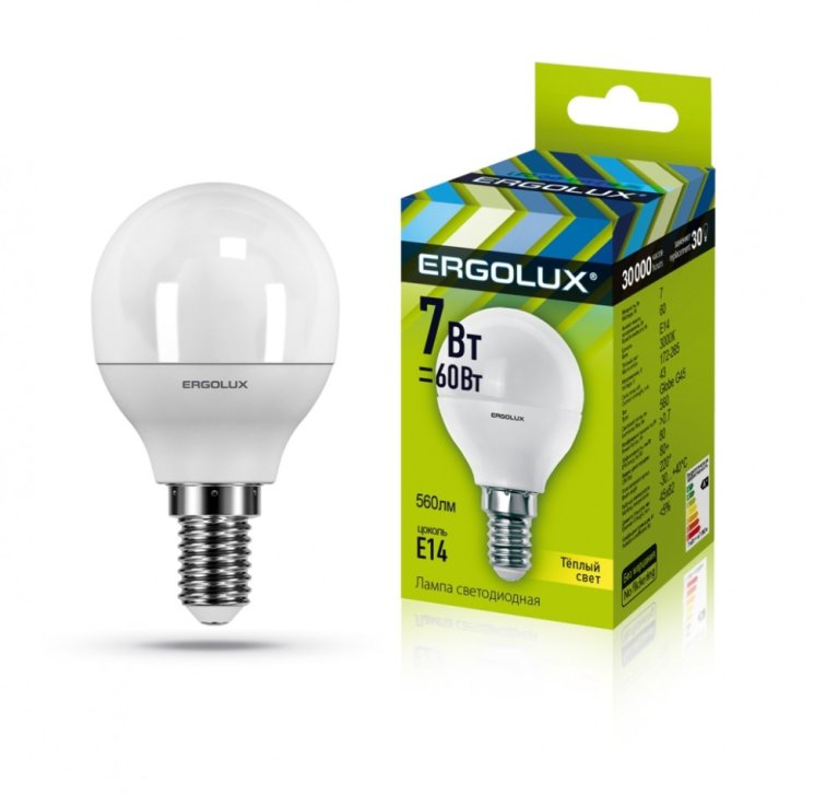 Набор из 10 шт, Светодиодная лампа E14 7W 3000K (теплый) Ergolux LED-G45-7W-E14-3K (12142)