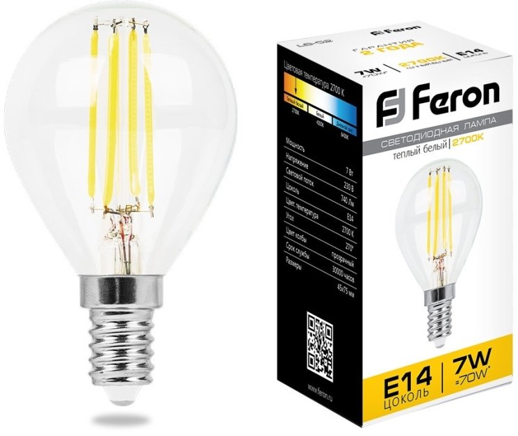 Светодиодная лампа E14 7W 2700K (теплый) G45 Feron LB-52 (25874)
