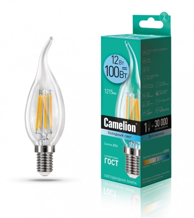 Светодиодная лампа E14 12W 4500К (белый) CW35 Camelion LED12-CW35-FL/845/E14 (13711)