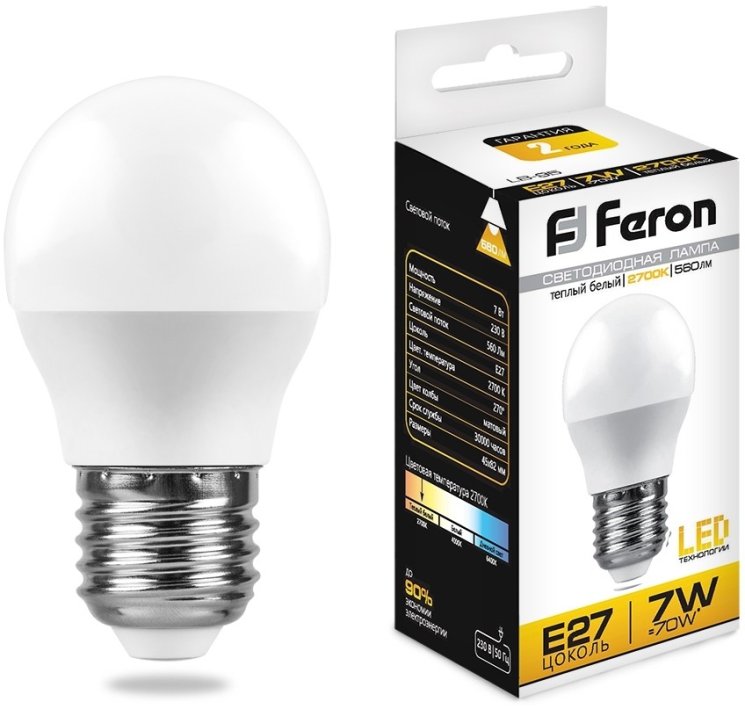 Светодиодная лампа E27 7W 2700K (теплый) G45 Feron LB-95 (25481)