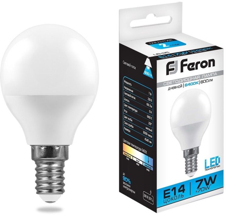 Светодиодная лампа E14 7W 6400K (холодный) G45 Feron LB-95 (25480)