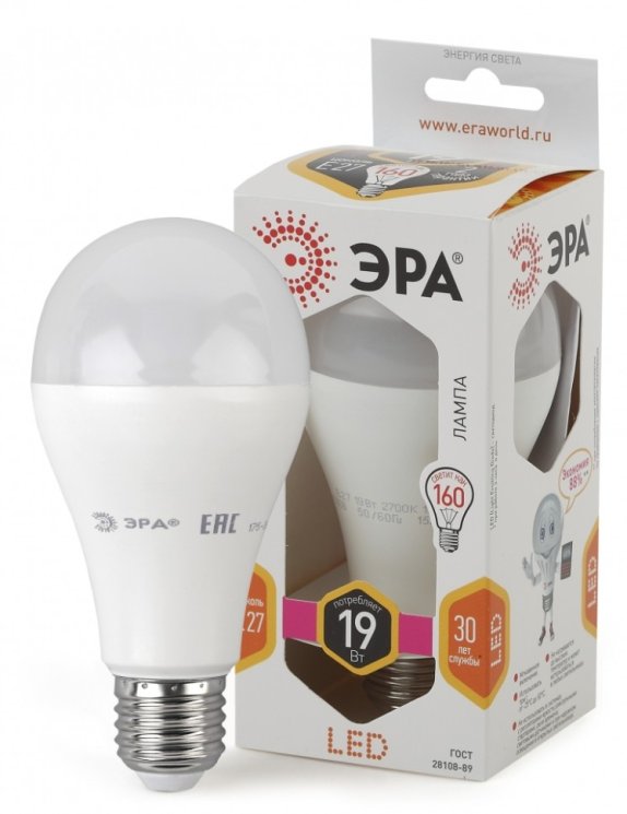 Светодиодная лампа Е27 19W 2700К (теплый) Эра LED A65-19W-827-E27 (Б0031702)
