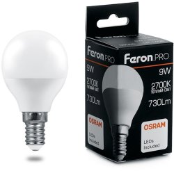 Светодиодная лампа E14 9W 2700K (теплый) G45 Feron LB-1409 Шарик (38077)