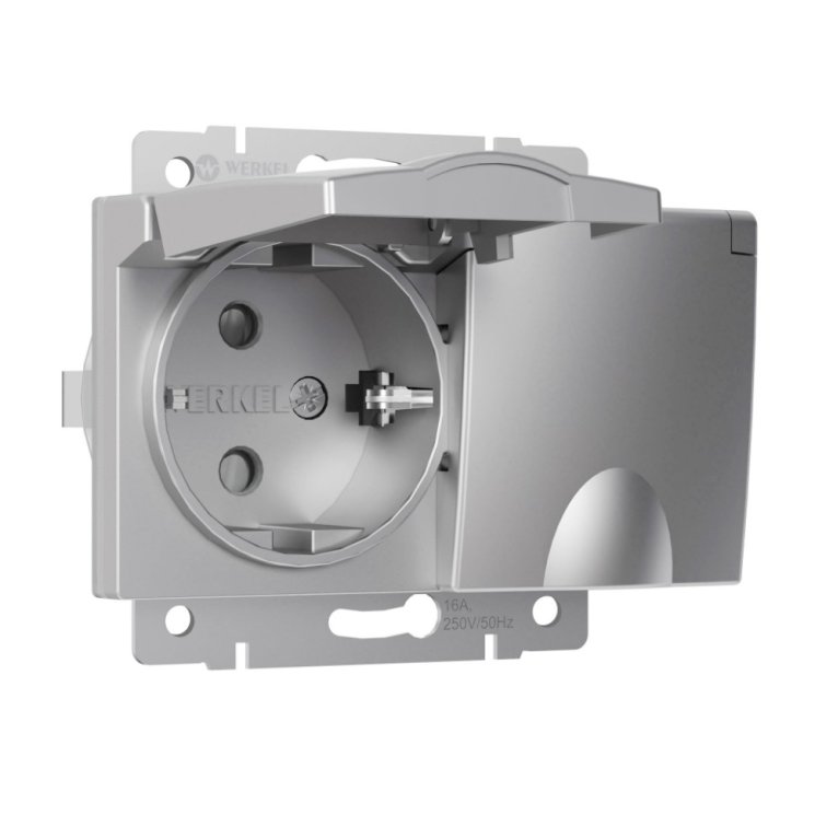 Розетка двойная влагозащищенная с заземлением с защитной крышками и шторками (серебряный) Werkel W1172206
