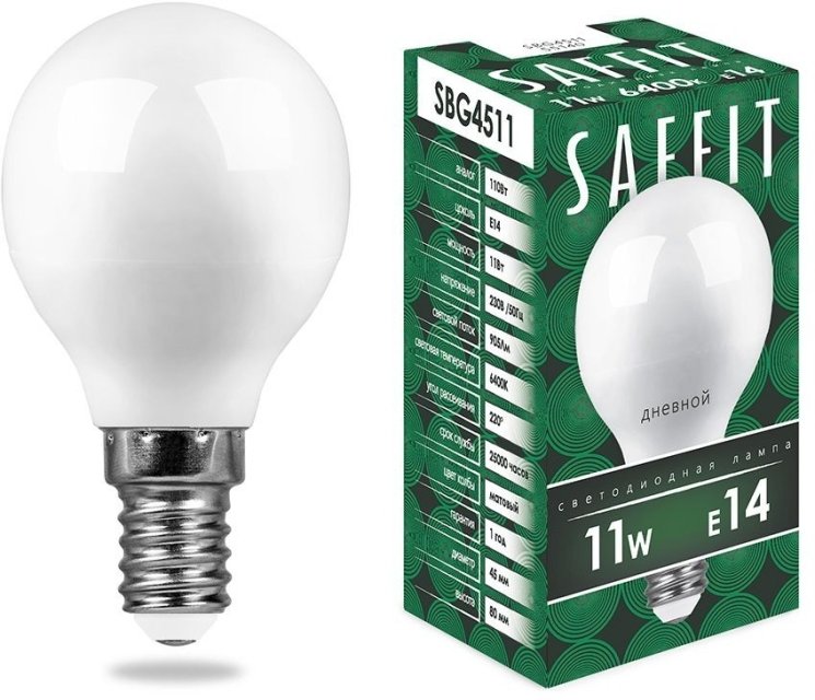 Светодиодная лампа E14 11W 6400K (холодный) G45 Saffit SBG4511 (55140)