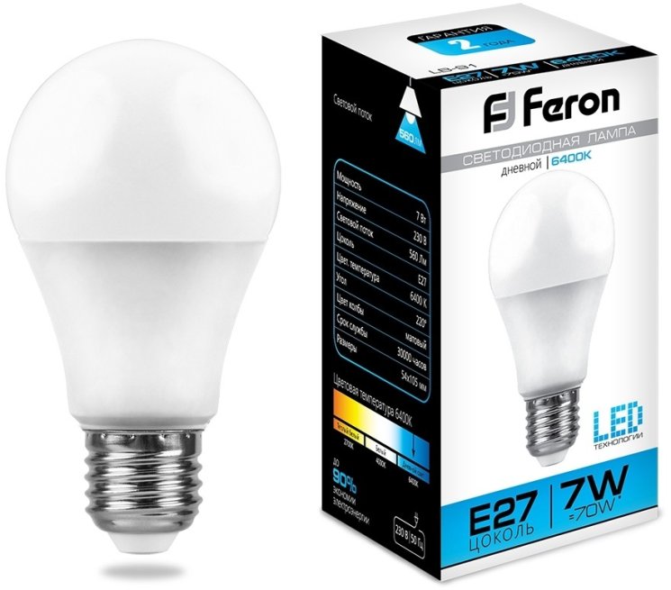 Лампа светодиодная Feron LB-91 Шар E27 7W 6400K 25446