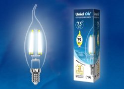 Лампа светодиодная филаментная (UL-00003296) Uniel E14 7,5W 4000K прозрачная LED-CW35-7,5W/NW/E14/CL GLA01TR
