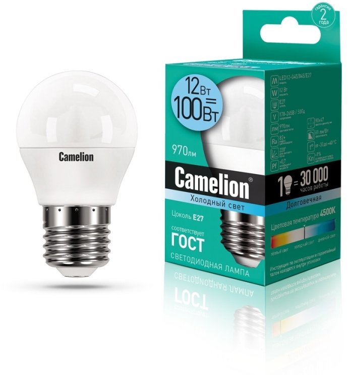 Светодиодная лампа E27 12W 4500К (белый) G45 Camelion LED12-G45/845/E27 (13696)