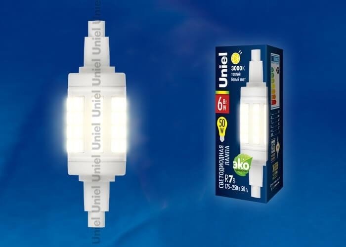 Лампа светодиодная (UL-00001554) Uniel R7s 6W 3000K прозрачная LED-J78-6W/WW/R7s/CL PLZ06WH