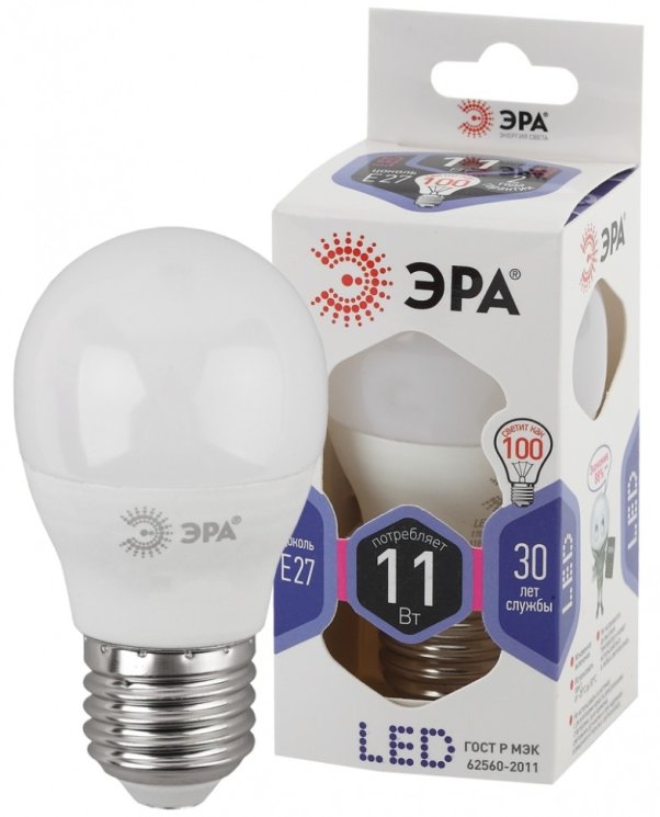 Лампа светодиодная ЭРА E27 11W 6000K матовая LED P45-11W-860-E27 Б0032991