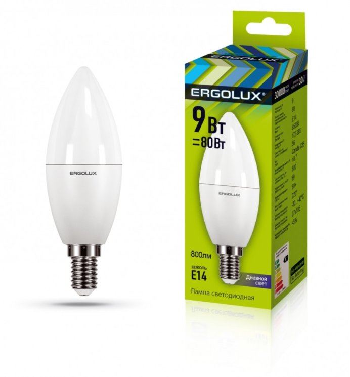 Набор из 10 шт, Светодиодная лампа E14 9W 6500K (холодный) Ergolux LED-C35-9W-E14-6K (13169)