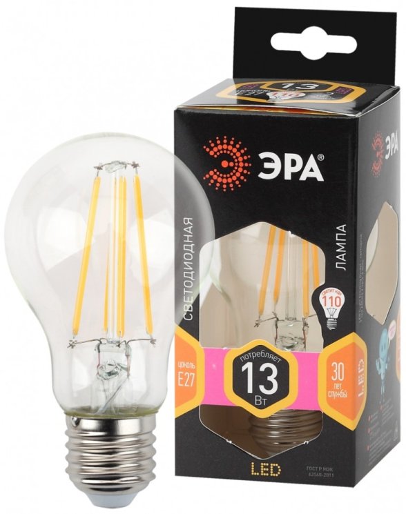 Лампа светодиодная филаментная ЭРА E27 13W 2700K прозрачная F-LED A60-13W-827-E27 Б0035027