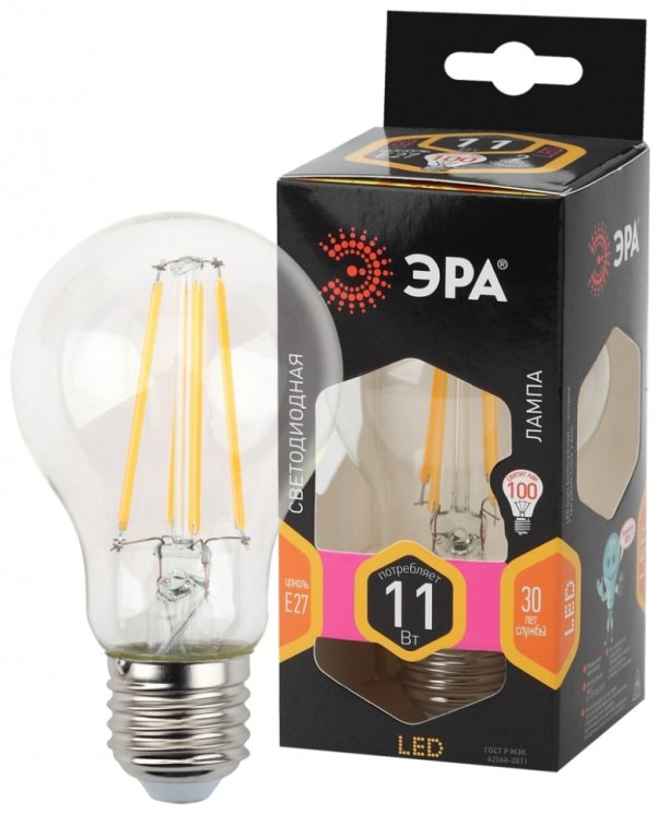 Филаментная светодиодная лампа Е27 11W 2700К (теплый) Эра F-LED A60-11W-827-E27 (Б0035025)