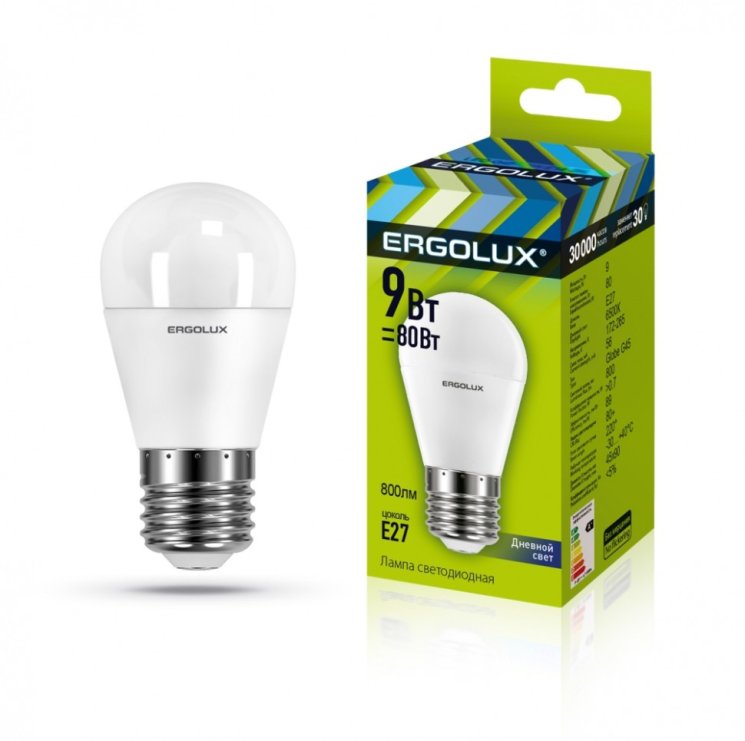 Набор из 10 шт, Светодиодная лампа E27 9W 6500K (холодный) Ergolux LED-G45-9W-E27-6K (13178)
