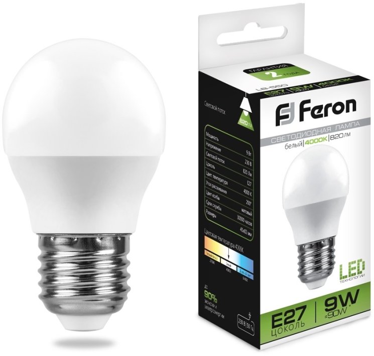 Светодиодная лампа E27 9W 4000K (белый) G45 Feron LB-550 (25805)