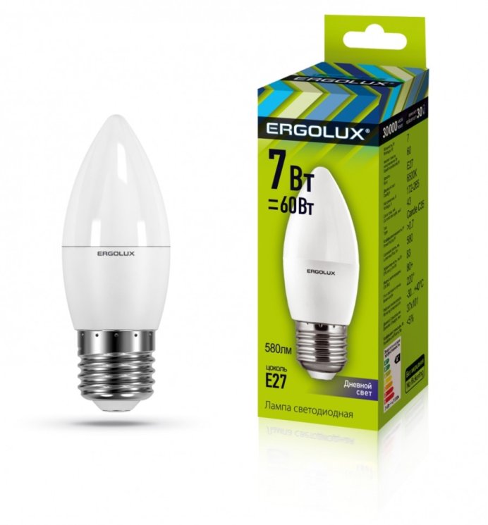 Набор из 10 шт, Светодиодная лампа E27 7W 6500K (холодный) C35 Ergolux LED-C35-7W-E27-6K (13299)