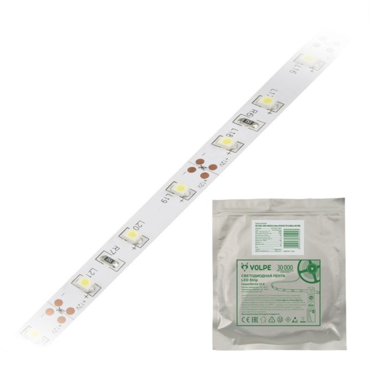 Светодиодная лента Volpe (UL-00004538) 4,8W/m 60LED/m 2835SMD теплый белый 5M ULS-Q320 2835-60LED/m-8mm-IP20-DC12V-4,8W/m-5M-3000K