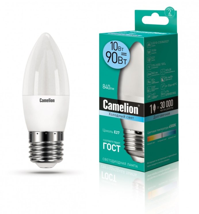 Набор из 10 шт, Светодиодная лампа E27 10W 4500К (белый) C35 Camelion LED10-C35/845/E27 (13562)