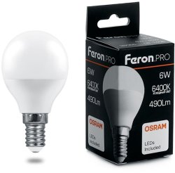 Светодиодная лампа E14 6W 6400K (холодный) G45 Feron LB-1406 Шарик (38067)