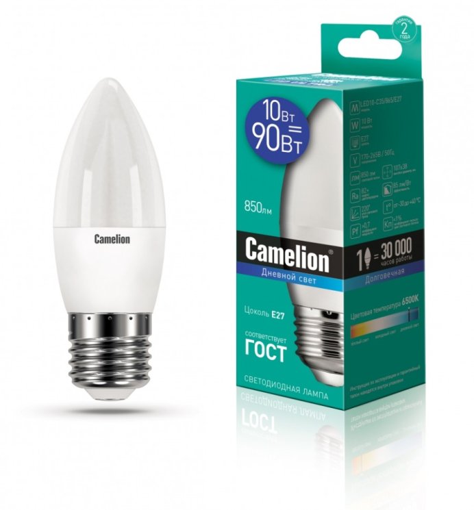 Набор из 10 шт, Светодиодная лампа E27 10W 6500К (холодный) C35 Camelion LED10-C35/865/E27 (13564)