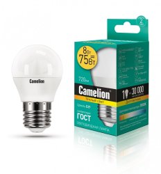 Светодиодная лампа E27 8W 3000К (теплый) G45 Camelion LED8-G45/830/E27 (12392)