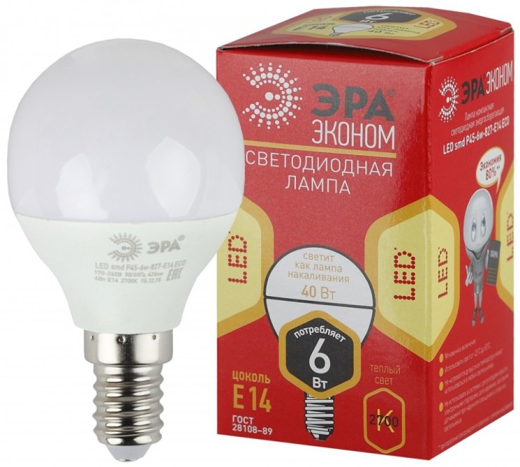 Лампа светодиодная ЭРА E14 6W 2700K матовая ECO LED P45-6W-827-E14 Б0020626