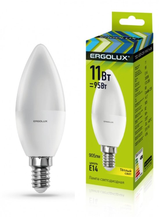 Набор из 10 шт, Светодиодная лампа E14 11W 3000К (теплый) Ergolux LED-C35-11W-E14-3K (13618)