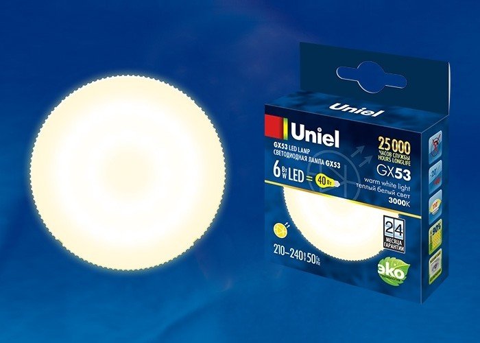 Лампа светодиодная (UL-00001670) Uniel GX53 6W 3000K матовая LED-GX53-6W/WW/GX53/FR PLZ01WH