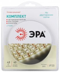 Светодиодная лента ЭРА 4,8W/m 60LED/m 2835SMD теплый белый 5M 2835kit-4,8-60-12-IP20-2700-5m Б0043062