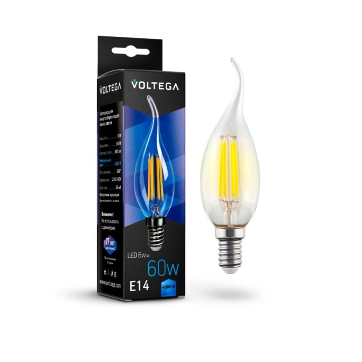 Филаментная светодиодная лампа E14 6W 4000К (белый) Crystal Voltega 7018